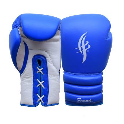 Fight Lace Up Blue Leather Boxing Gloves with White Trim
