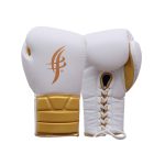 White and Gold Competition Gloves with Lace-up Closure.