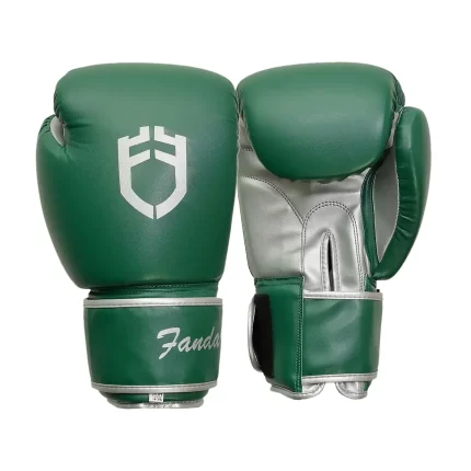 Fandar Green Silver Boxing Competition Gloves – Front View Highlighting Sleek Design