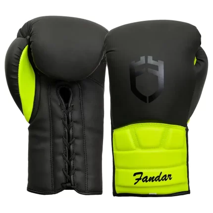 Fandar Fight Lace-Up Black & Neon Yellow Boxing Gloves – Front View Showcasing Design