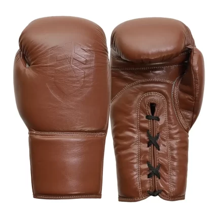 Fandar Brown Leather Fight Lace-Up Gloves – Front View with Laces