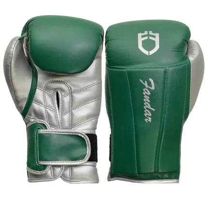 Fandar Green Silver Boxing Sparring Gloves – Front View with Sleek Design