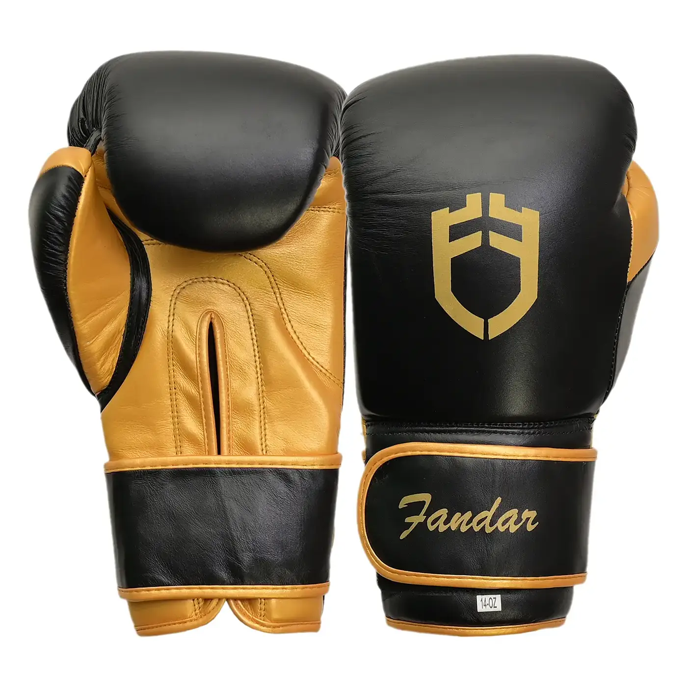 DSC_0233 Fandar Black Gold Boxing Competition Gloves – Front View with Velcro Strap Closure