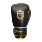 Fandar Black & Gold Professional Fight Gloves – Front View with Velcro Strap Closure