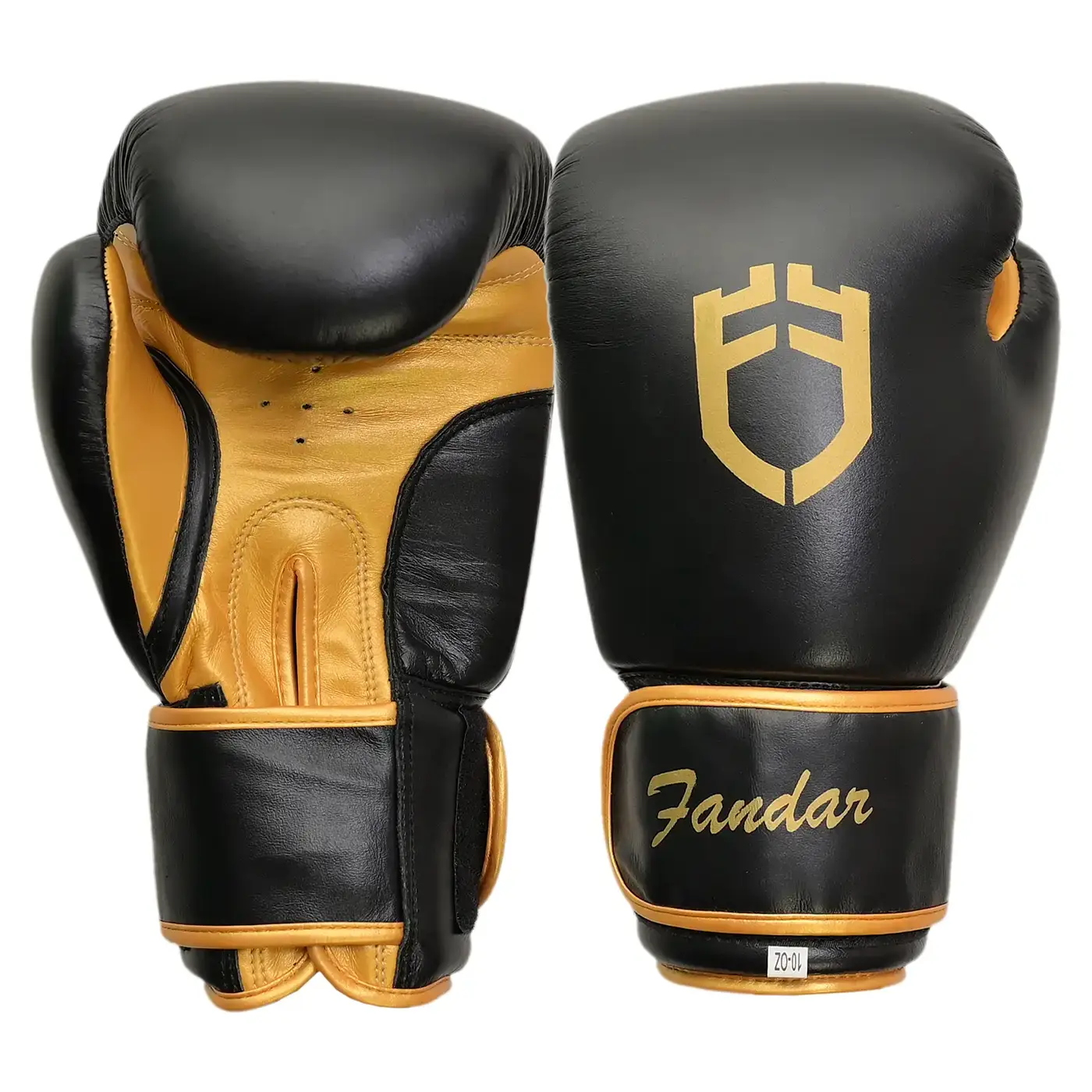 DSC_0245 Fandar Black Gold Boxing Competition Gloves – Front View with Velcro Strap Closure