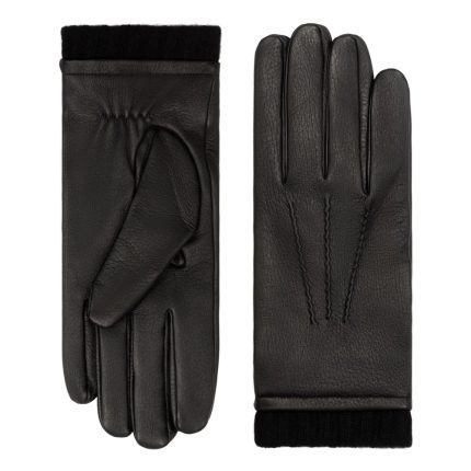 Black Leather Winter Gloves with Knit Cuff