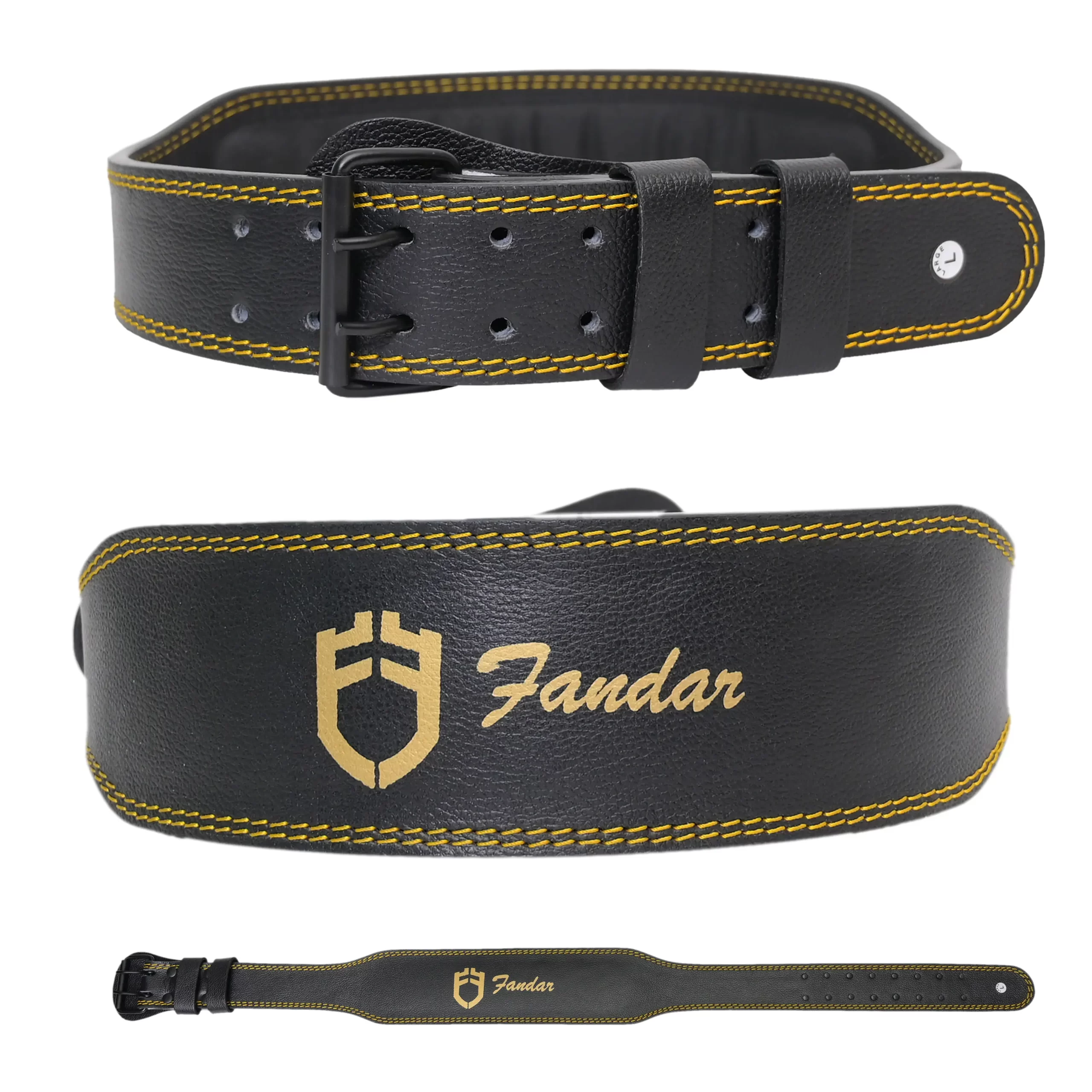 Black Yellow Fandar 4 Inches Leather Gym Belt with 3-layer leather construction