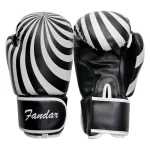 Fandar Black and White Spiral Kids Boxing Gloves with adjustable strap, shown against a plain white background