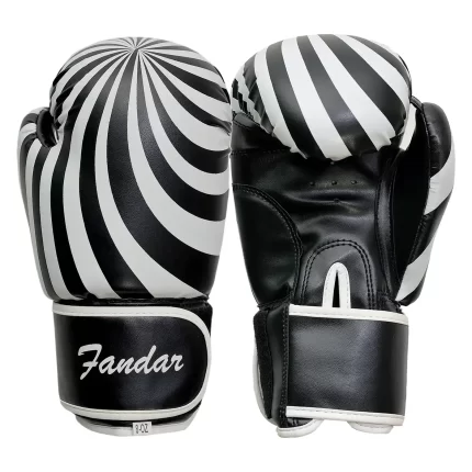 Fandar Black and White Spiral Kids Boxing Gloves with adjustable strap, shown against a plain white background