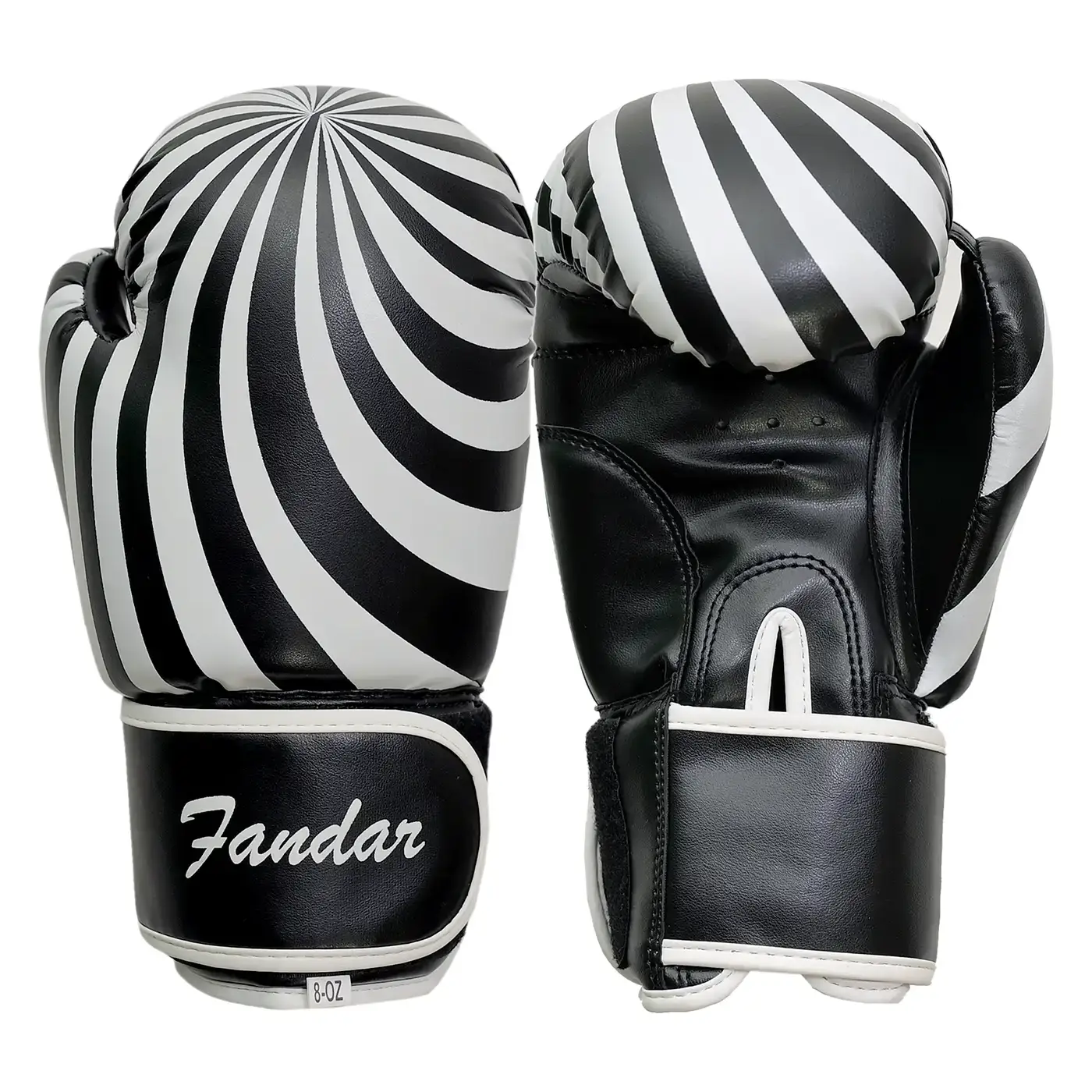 DSC_0104 Fandar Black and White Spiral Kids Boxing Gloves with adjustable strap, shown against a plain white background