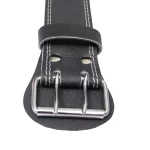 Heavy-duty adjustable buckle on the black gym belt