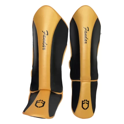 Fandar Black Gold Leather Shin Pads designed for combat sports protection