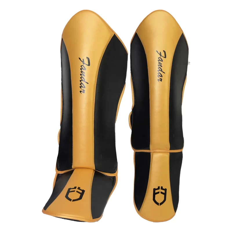Fandar Black Gold Leather Shin Pads designed for combat sports protection