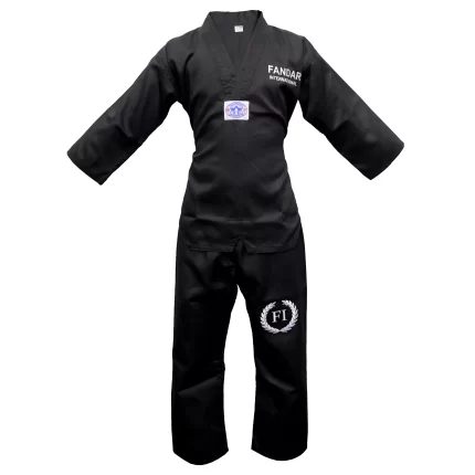 Fandar Black Taekwondo Suits made from polycotton blend for ultimate comfort and durability in training and sparring
